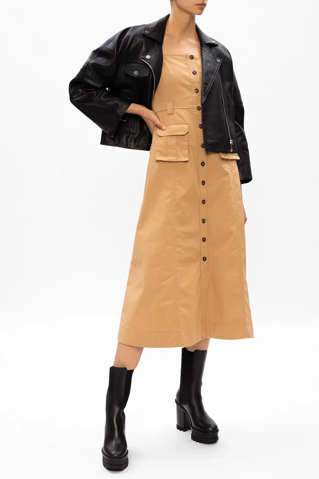 Ganni Square Neck Puff Sleeve Dress Tammin Beige Size 42/Au 10 for rent on The Volte - main image