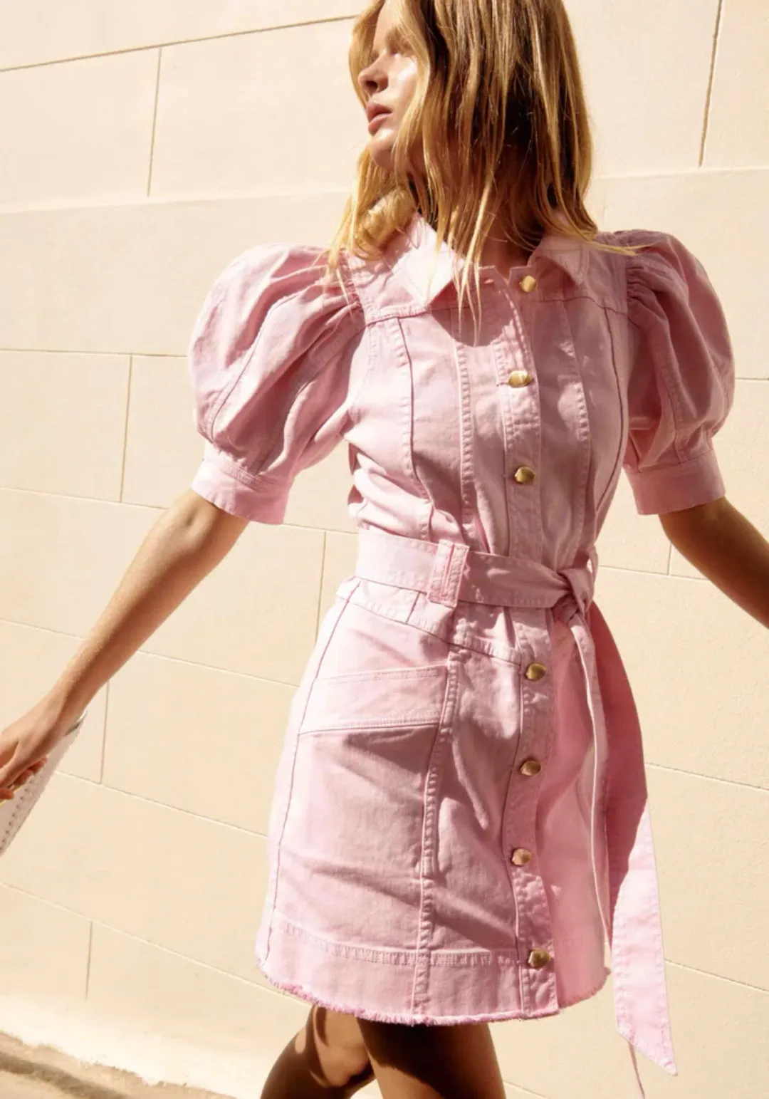 Aje Flora Denim Puff Sleeve Mini Dress Pink Size 8 for rent on The Volte - main image