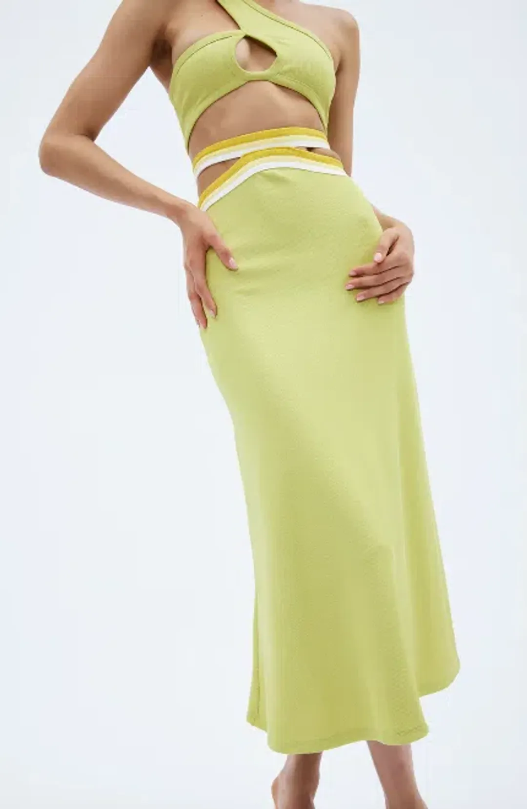 Christopher Esber Looped One Shoulder Rib Crop and Multi Bind Curve Skirt Set in Lime Size 10 for rent on The Volte - main image