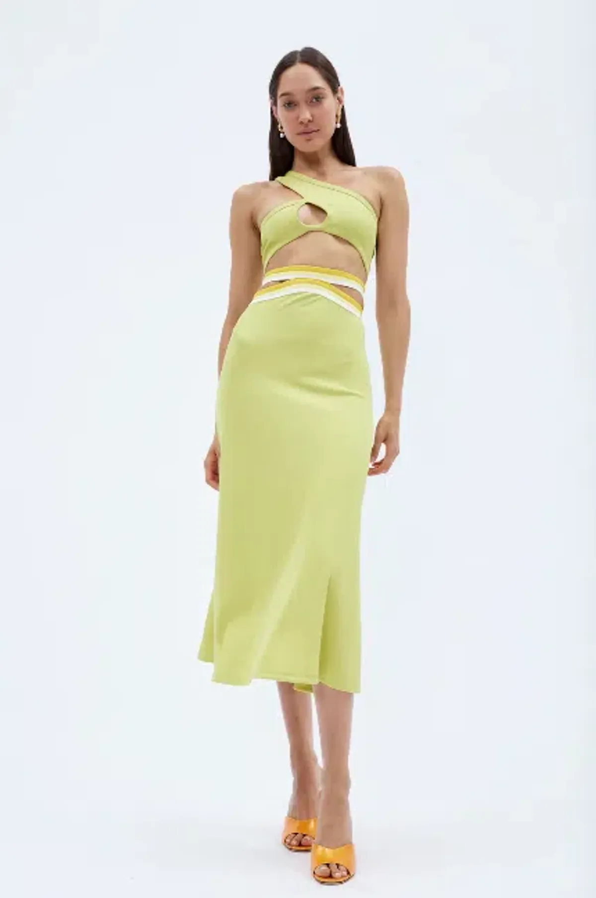 Christopher Esber Looped One Shoulder Rib Crop and Multi Bind Curve Skirt Set in Lime Size 10 for rent on The Volte - main image