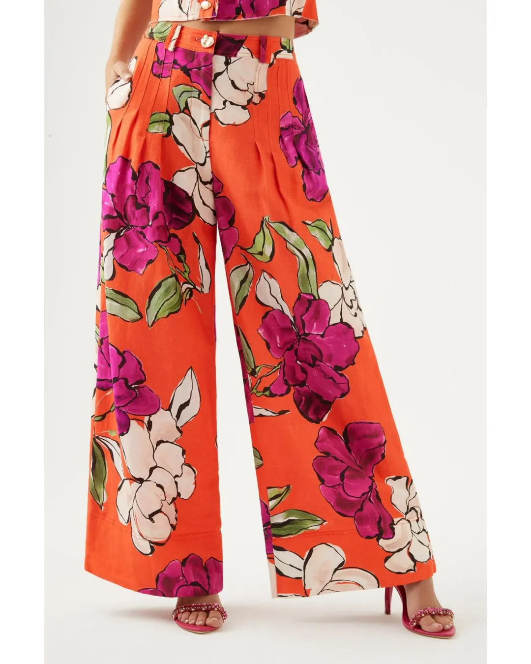 Aje Dazzling Floral Wide Leg Pant in Vivid Camellia Size XL / AU 14  for rent on The Volte - main image