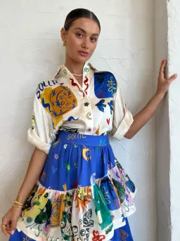 Alemais Soleil Oversized Silk Top Size 12 and Ruffle Skirt Set Multi Size 14  for rent on The Volte - image 1