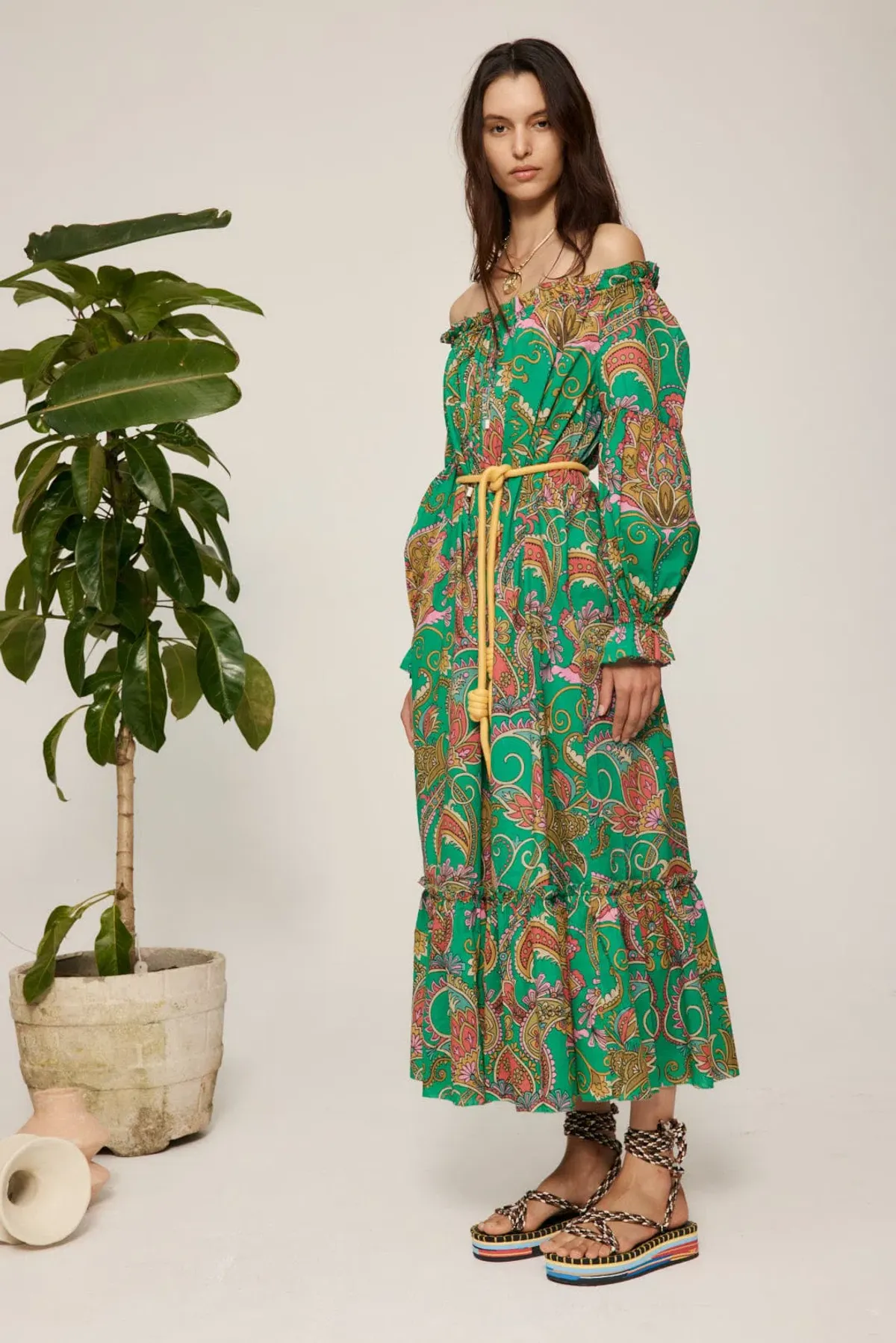 Alemais Marion Off Shoulder Midi Dress Green Size 12 for rent on The Volte - main image