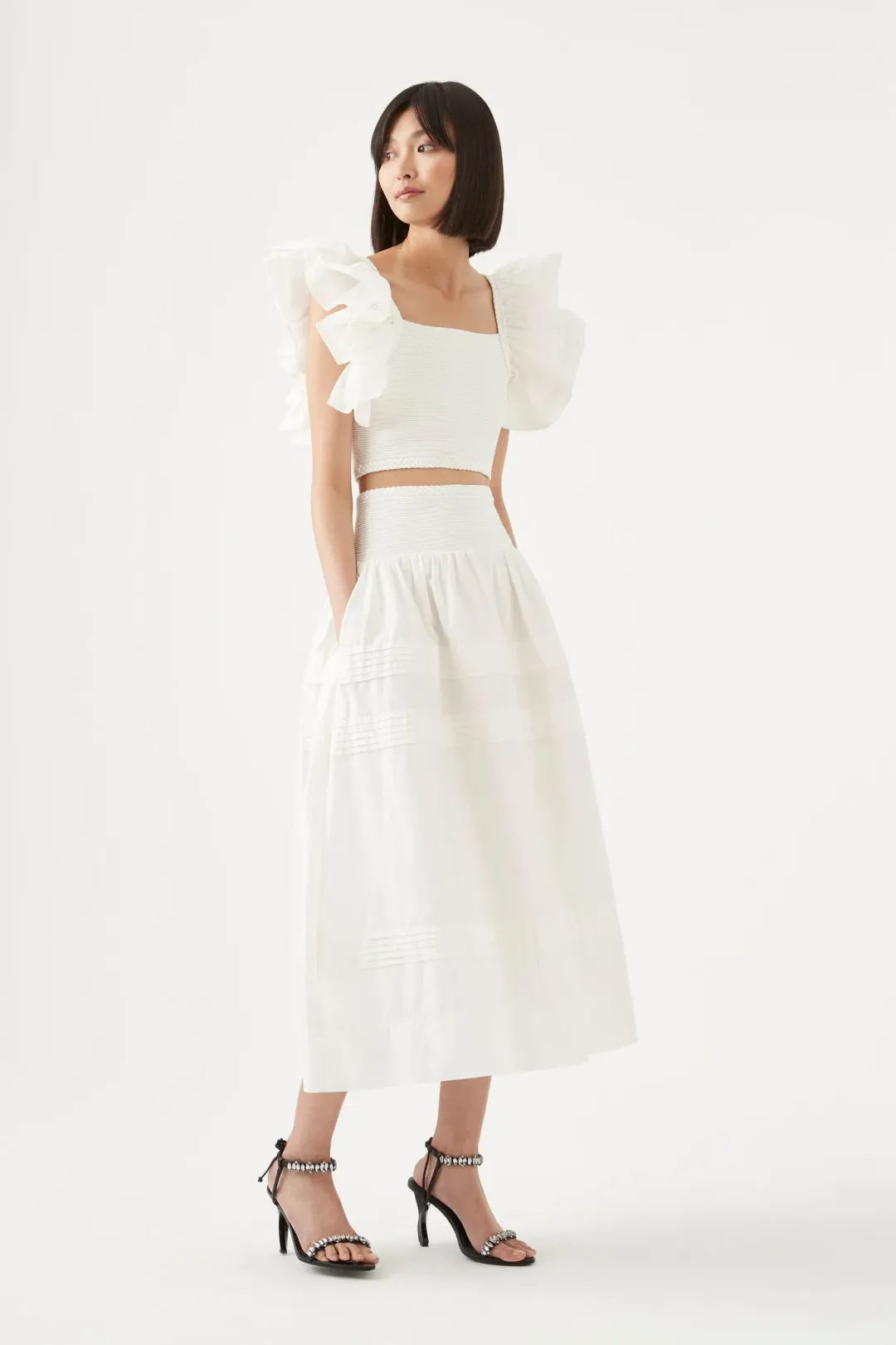 Aje Corinne Knit Bodice Crop Top and Rosalie Knit Waist Midi Skirt Set White Size 16 / 2XL for rent on The Volte - main image
