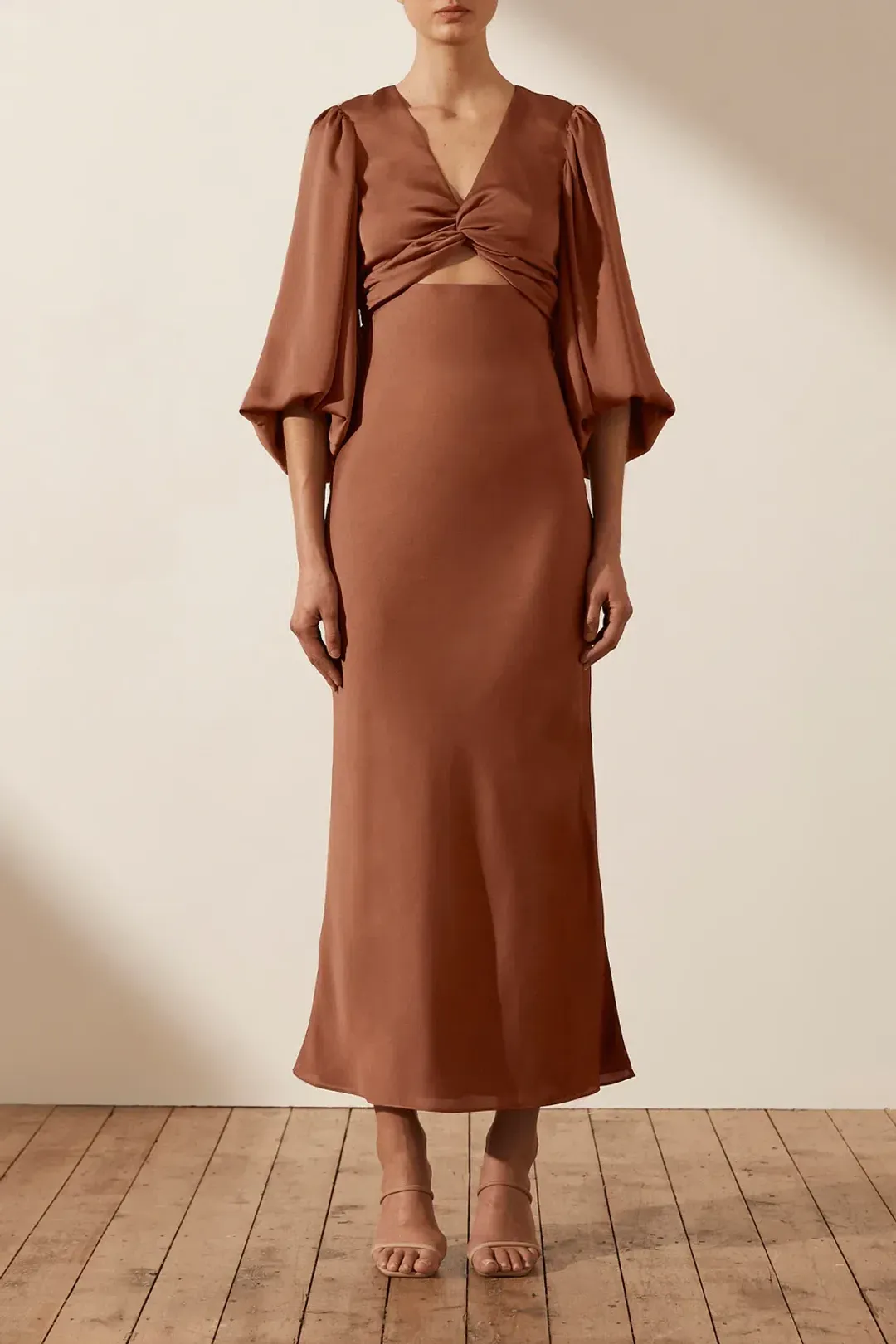 Shona Joy Luxe Twist Front Balloon Sleeve Midi Dress Brown Size 6 / XS for rent on The Volte - main image