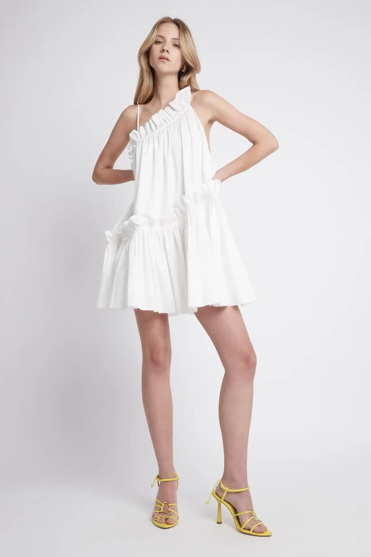 Aje Romance Asymmetric Mini Dress Ivory Size 8  for rent on The Volte - main image