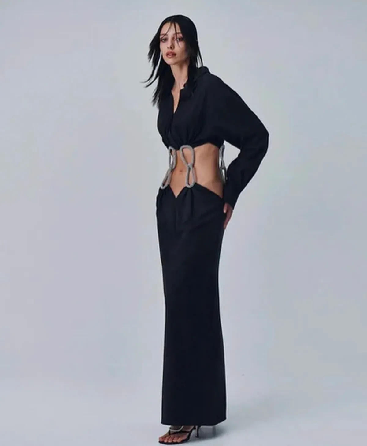 Christopher Esber Pendulant Crystal Linked Long Sleeve Dress Black Size 6  for rent on The Volte - main image