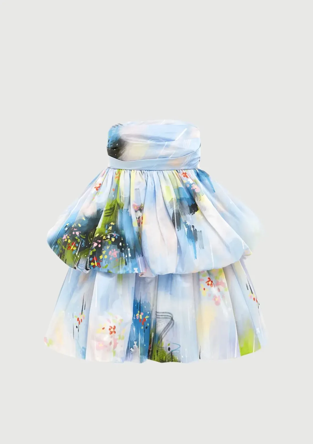 Leo Lin Daphne Strapless Bubble Mini Dress Willow Print Size 8 for rent on The Volte - main image