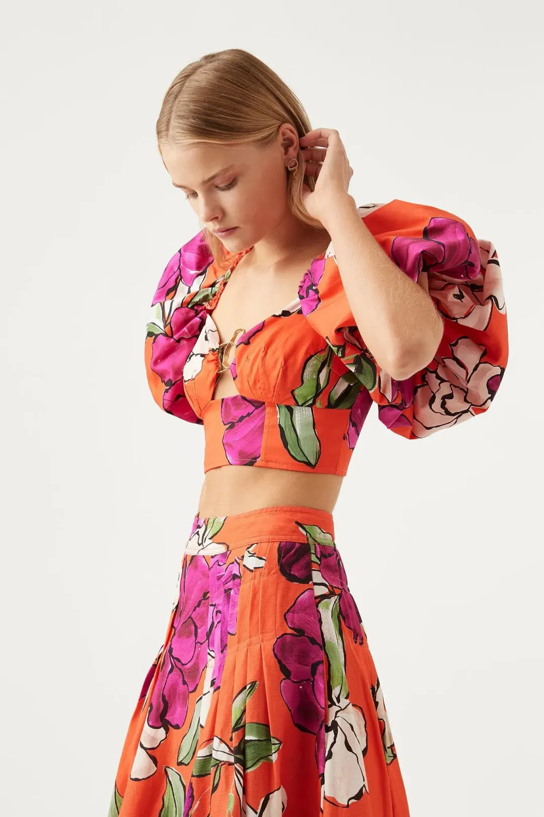 AJE  Marcel Puff Sleeve Bodice & Niki Pleated Mini Skirt Vivid Camellia Size 10 for rent on The Volte - main image