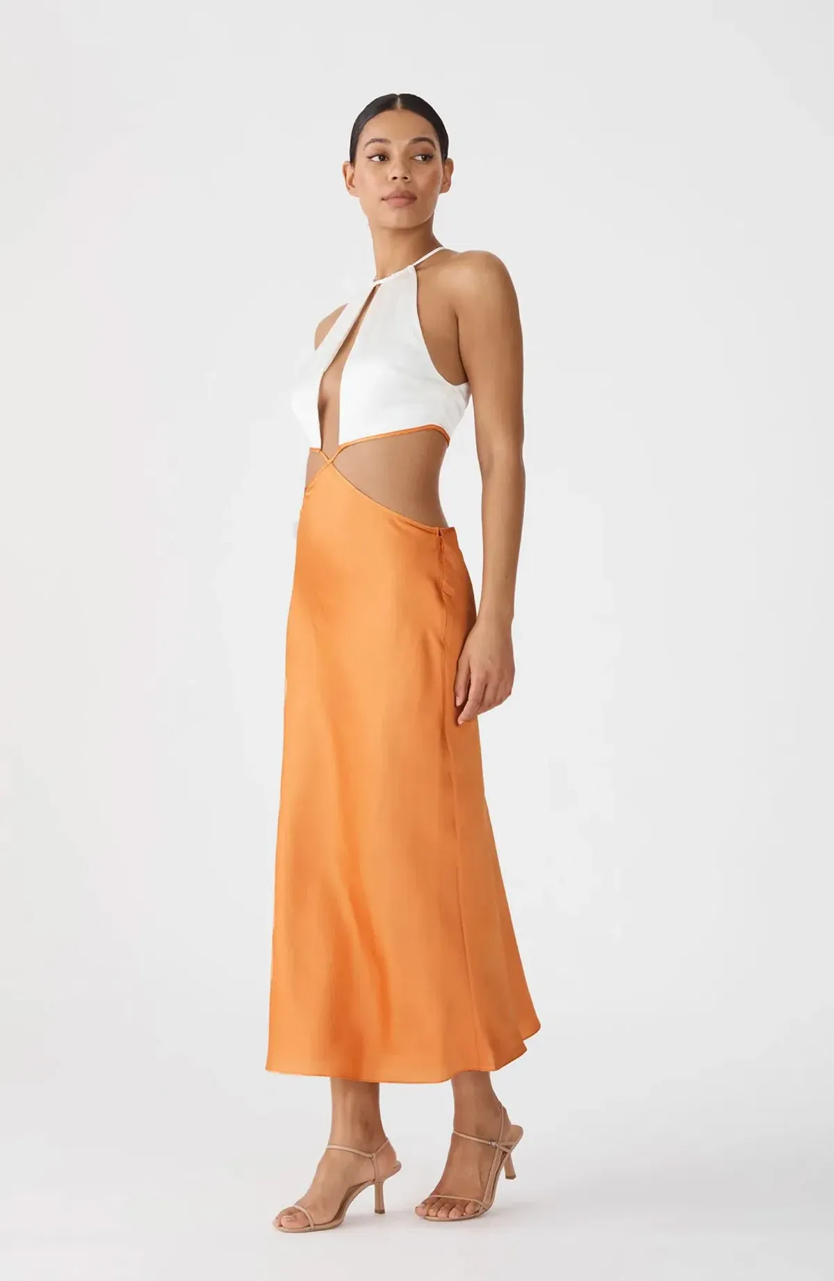 San Sloane Jasmine Midi Dress Orange/White Size 6 for rent on The Volte - main image