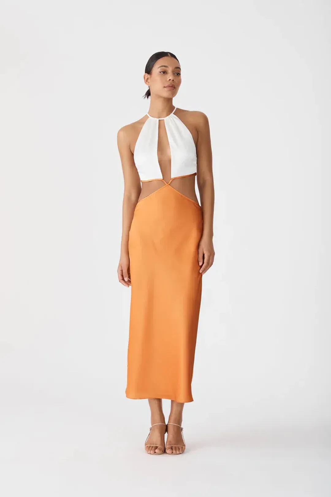 San Sloane Jasmine Midi Dress Orange/White Size 6 for rent on The Volte - main image
