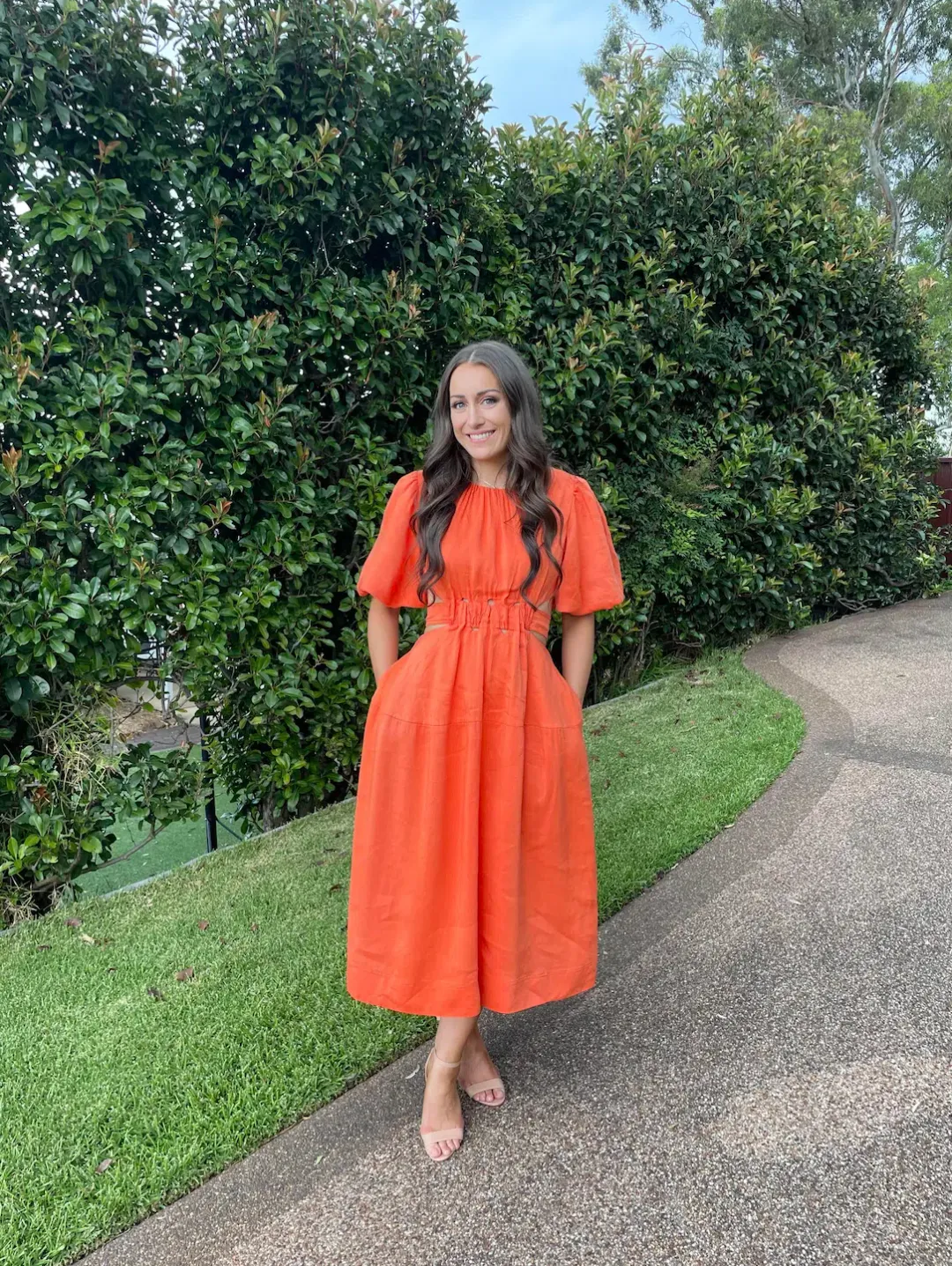 Aje Cosette Tie Back Midi Dress Orange Size 10 for rent on The Volte - main image
