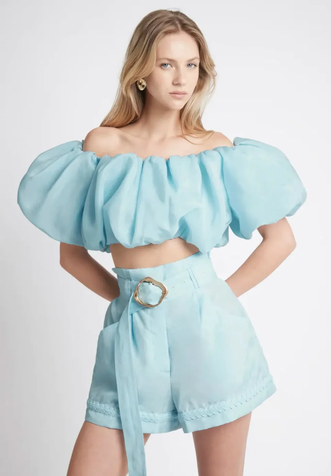 Aje Riviera Off Shoulder Tube Silk Top Size 6 and Braided Silk Short Size 10 Set Ice Blue for rent on The Volte - main image