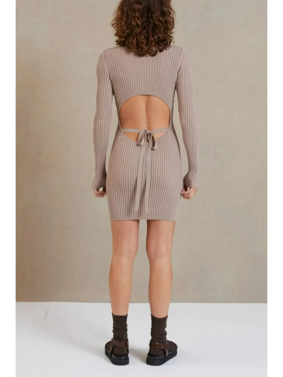 Bec & Bridge Lyla Knit L/S Mini Dress in Fawn Size AU 6  for rent on The Volte - main image