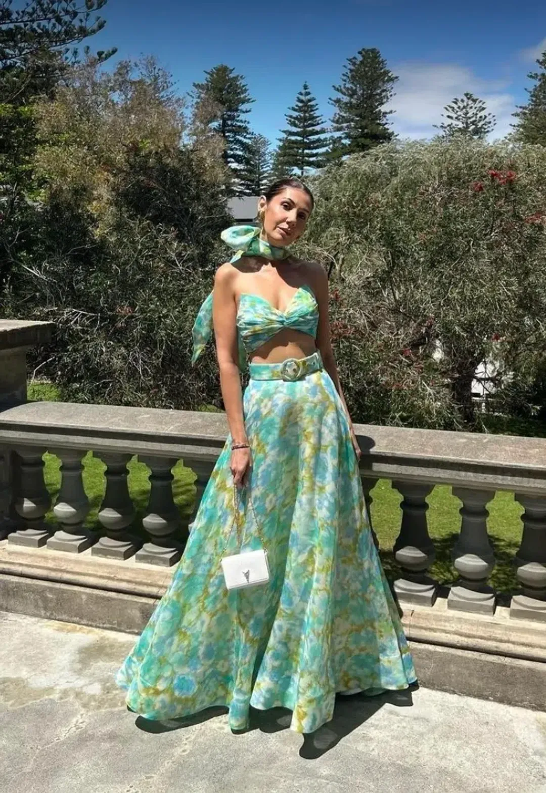 Zimmermann High Tide Twist Crop Bodice & Maxi Skirt Set Aqua Ikat Floral  Size 0P/ AU 6 for rent on The Volte - main image