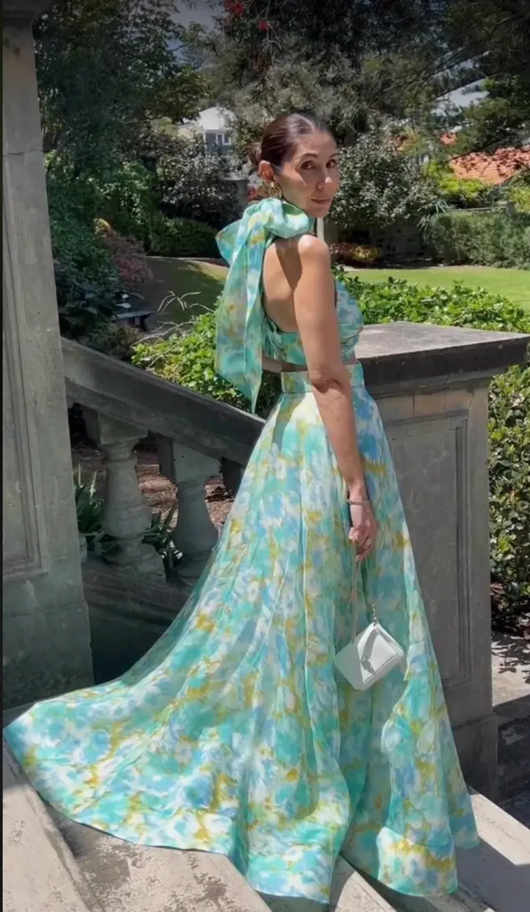 Zimmermann High Tide Twist Crop Bodice & Maxi Skirt Set Aqua Ikat Floral  Size 0P/ AU 6 for rent on The Volte - main image