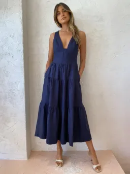 Shona Joy Ligia Linen Plunged Cross back Midi Dress Navy Size 8 for rent on The Volte - image 4