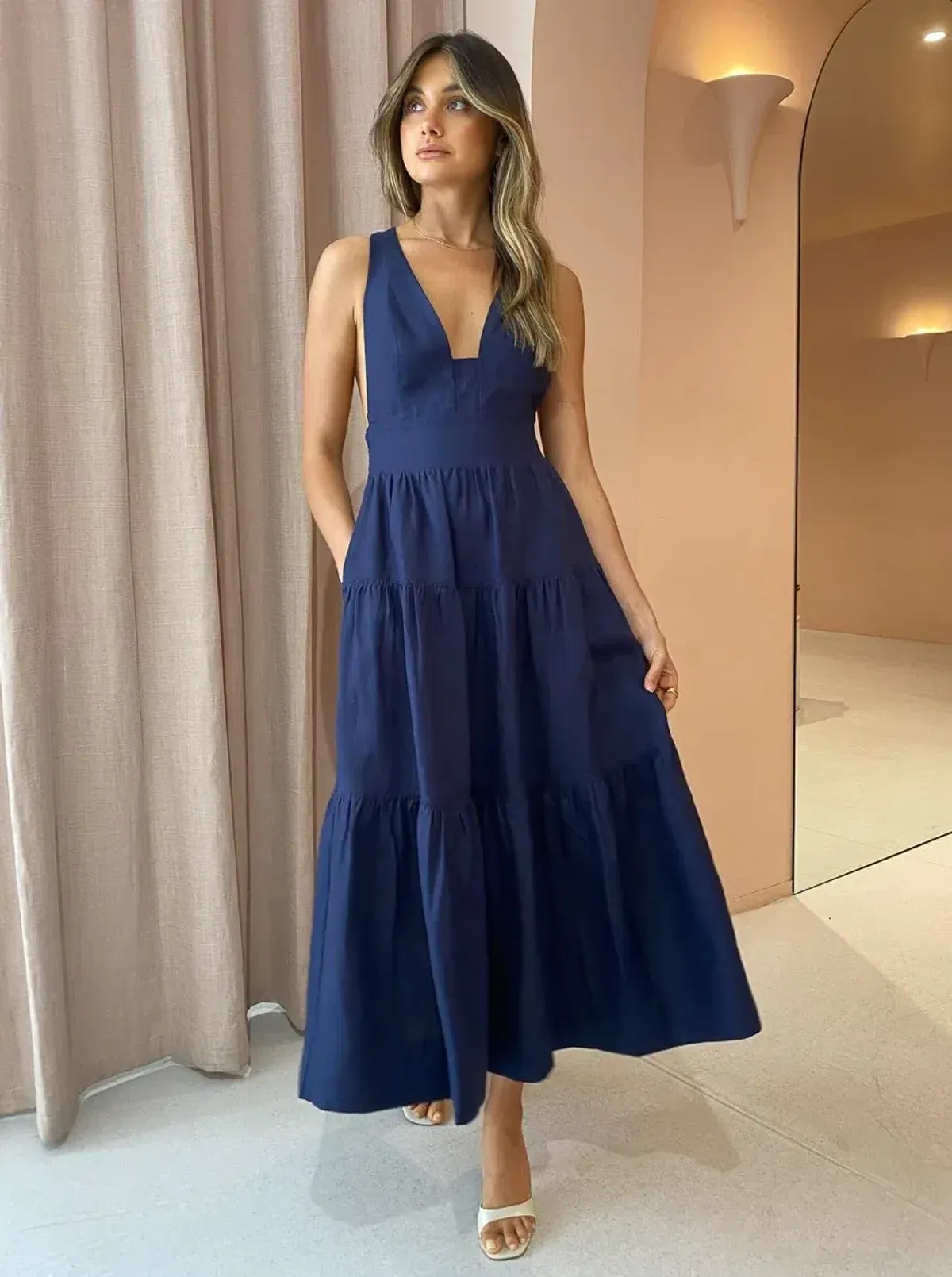 Shona Joy Ligia Linen Plunged Cross back Midi Dress Navy Size 8 for rent on The Volte - main image