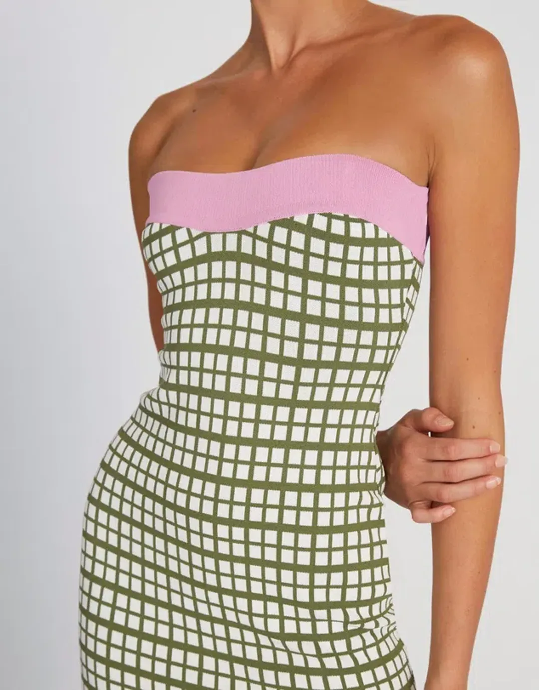 By Johnny Isabella Check Strapless Knit Dress Army Pink Size 6  for rent on The Volte - main image
