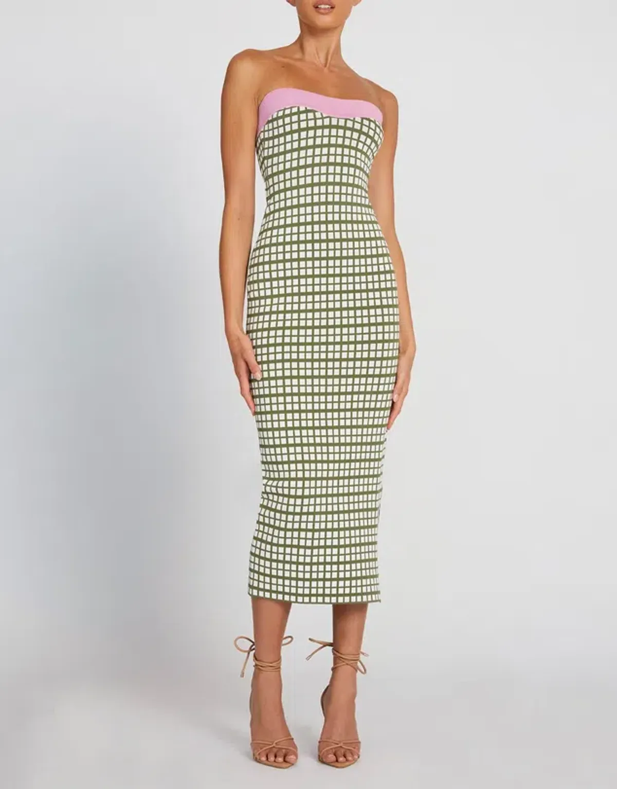 By Johnny Isabella Check Strapless Knit Dress Army Pink Size 6  for rent on The Volte - main image