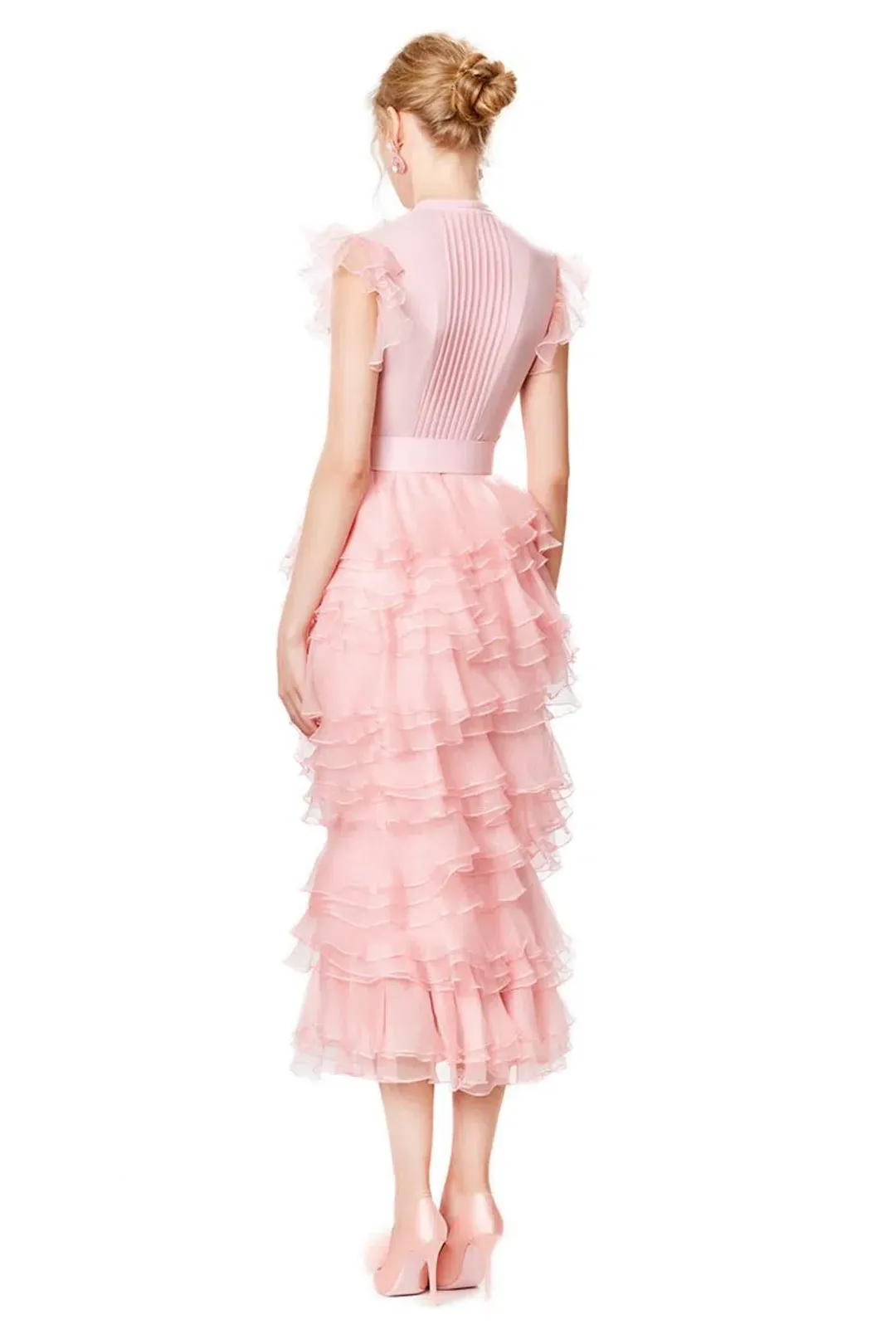 Ivan Young Silk Ruffles Tiered Midi Dress Pink Size 8 for rent on The Volte - main image