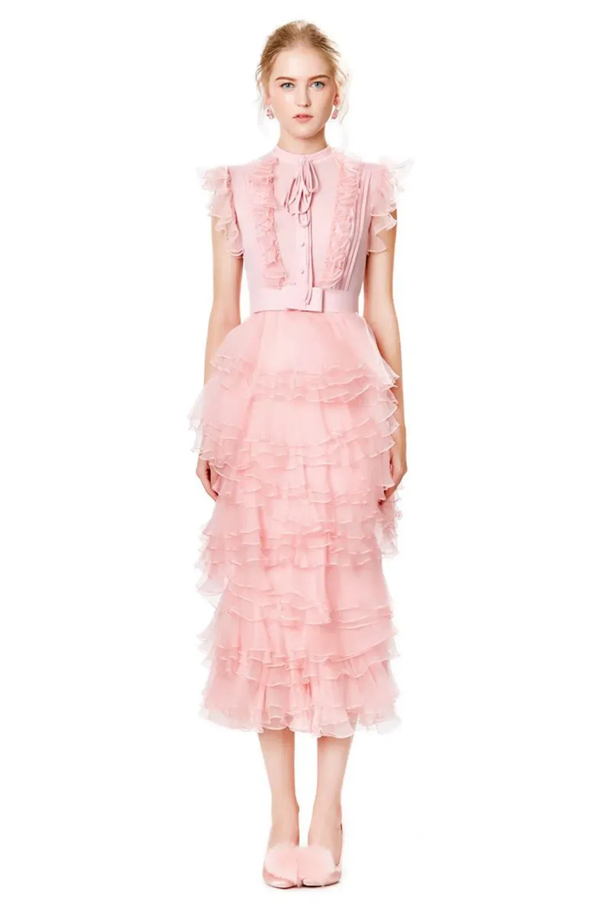 Ivan Young Silk Ruffles Tiered Midi Dress Pink Size 8 for rent on The Volte - main image