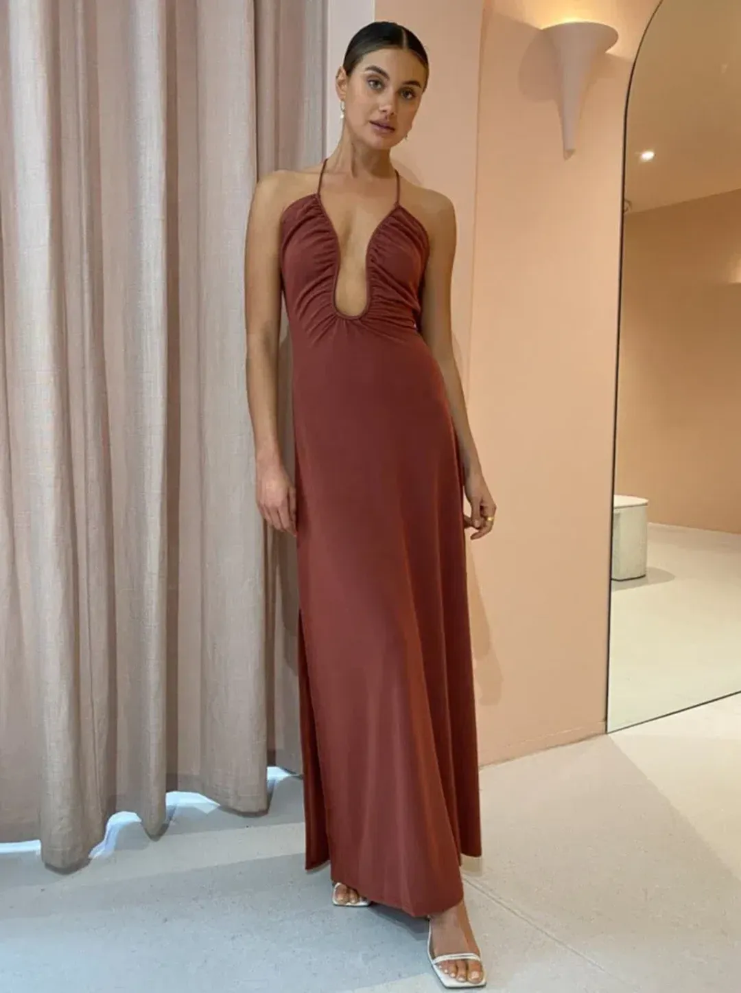 Sonya Moda Knitted Keyhole Gown in Spice Brown Size 10 for rent on The Volte - main image