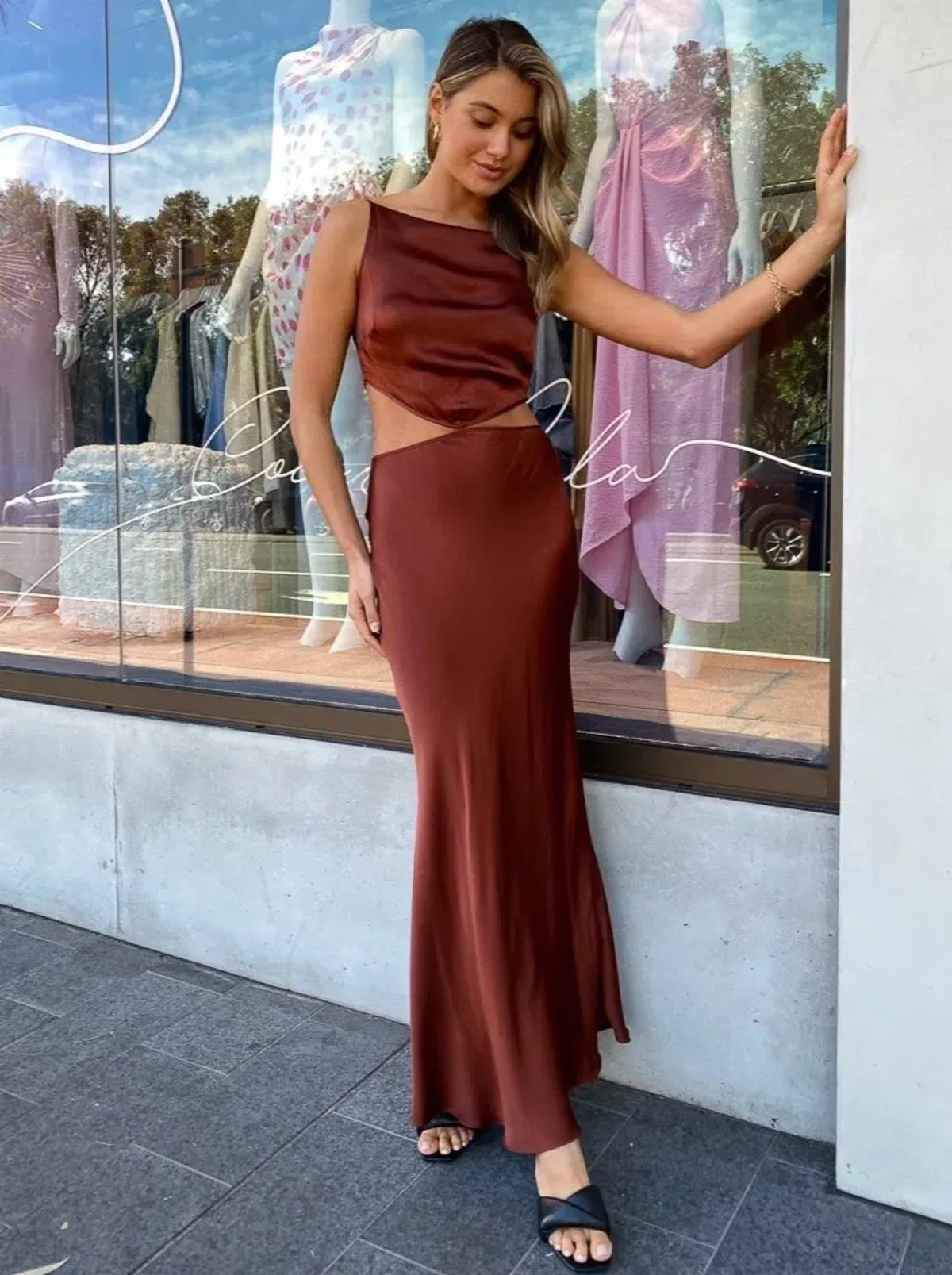 Bec & Bridge Camila Cut Out Dress Brown Size 10 for rent on The Volte - main image