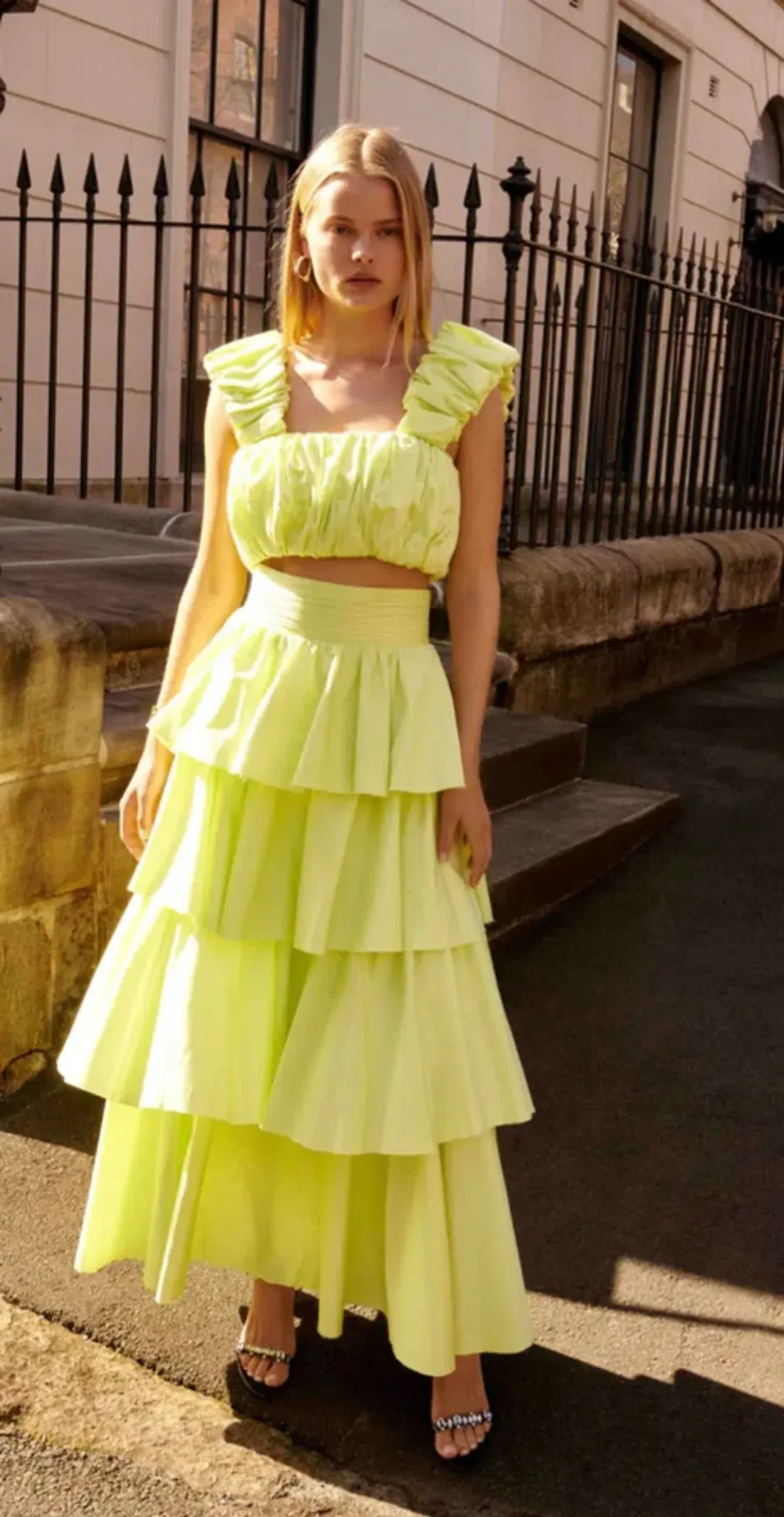 Aje Medina Ruched Cropped Top Size 14 and Tiered Midi Skirt Size 16 Set Light Lemon for rent on The Volte - main image