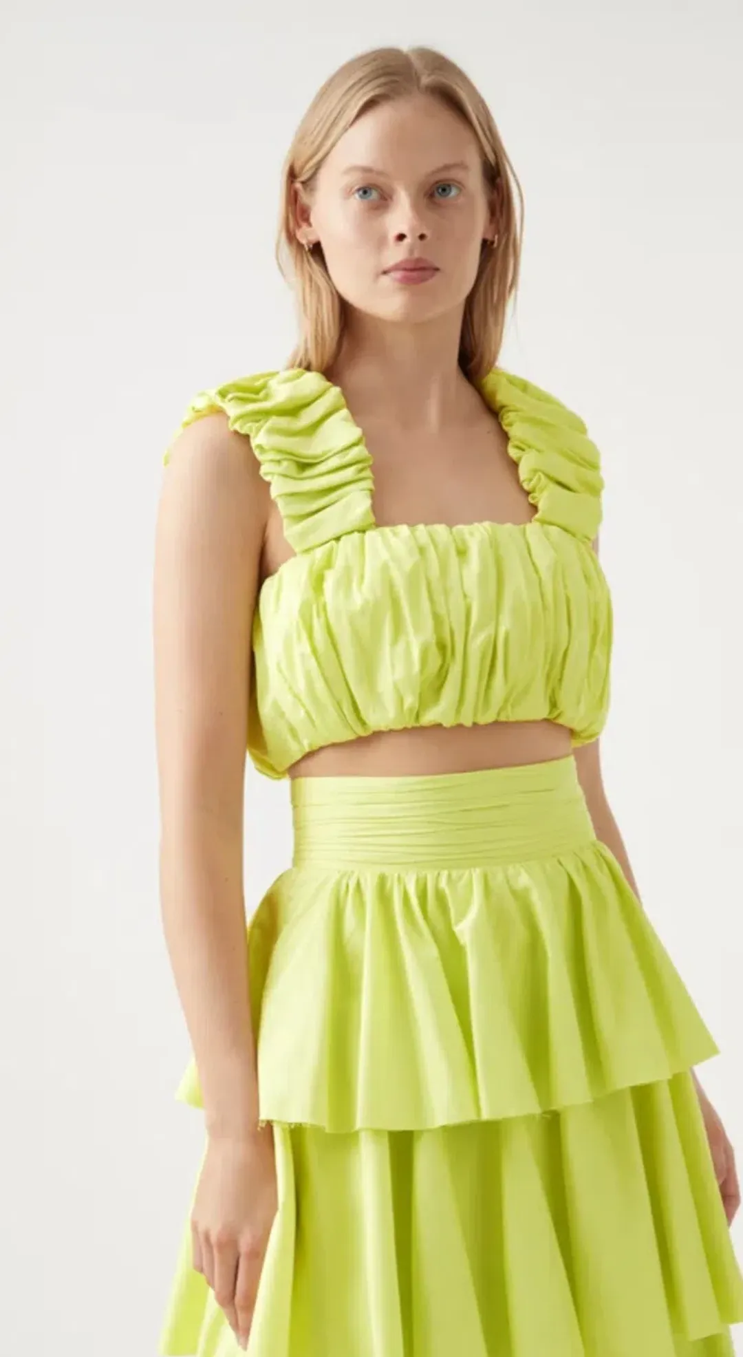 Aje Medina Ruched Cropped Top Size 14 and Tiered Midi Skirt Size 16 Set Light Lemon for rent on The Volte - main image