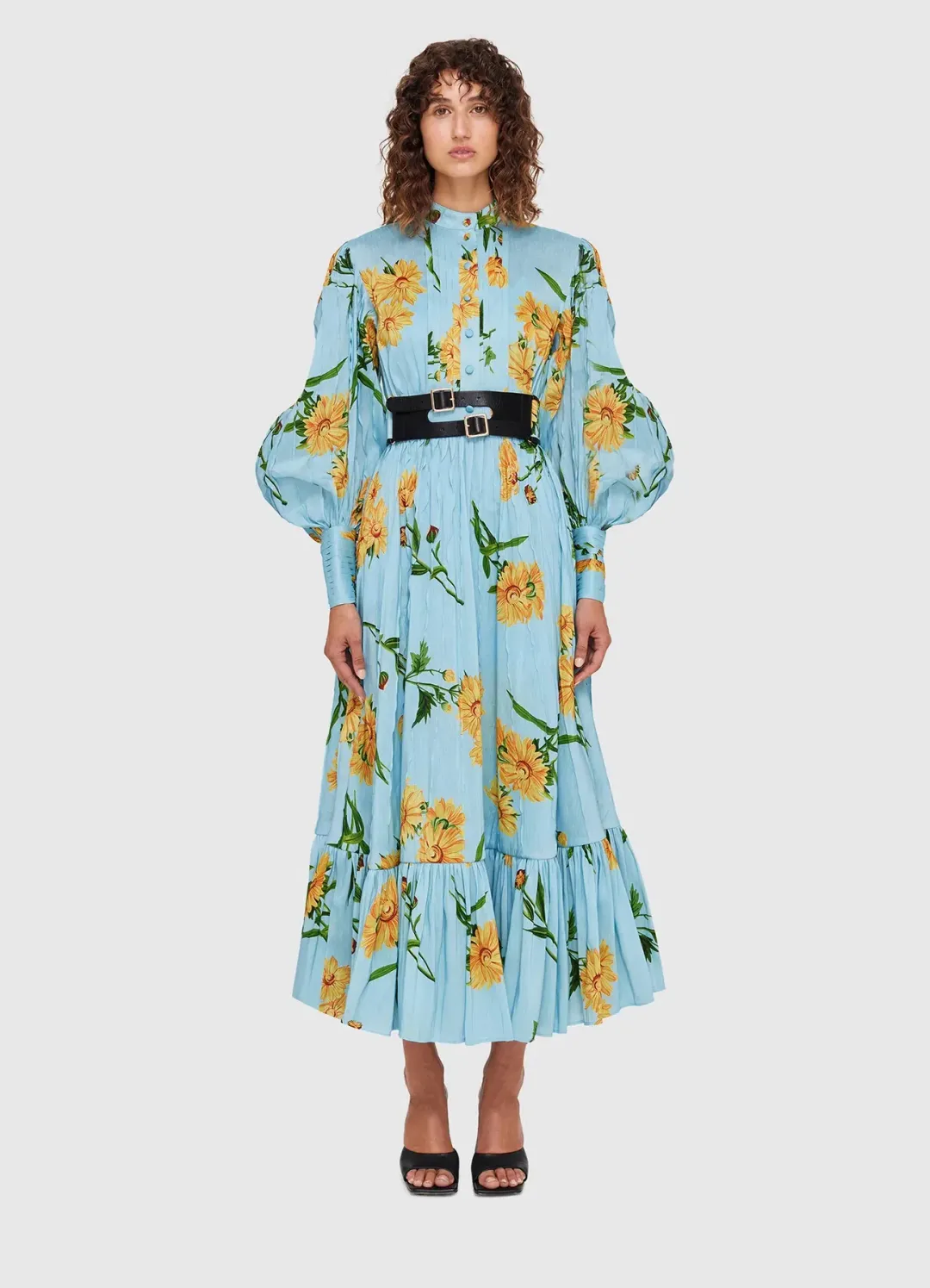 Leo Lin Marguerite Bleu Silk Linen Dress Marguerite Bleu Floral Size 10 for rent on The Volte - main image