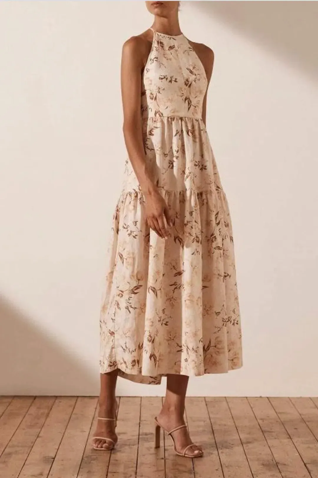 Shona Joy Roxanne Linen Open Back Tiered Midi Dress Beige Size AU 12 for rent on The Volte - main image