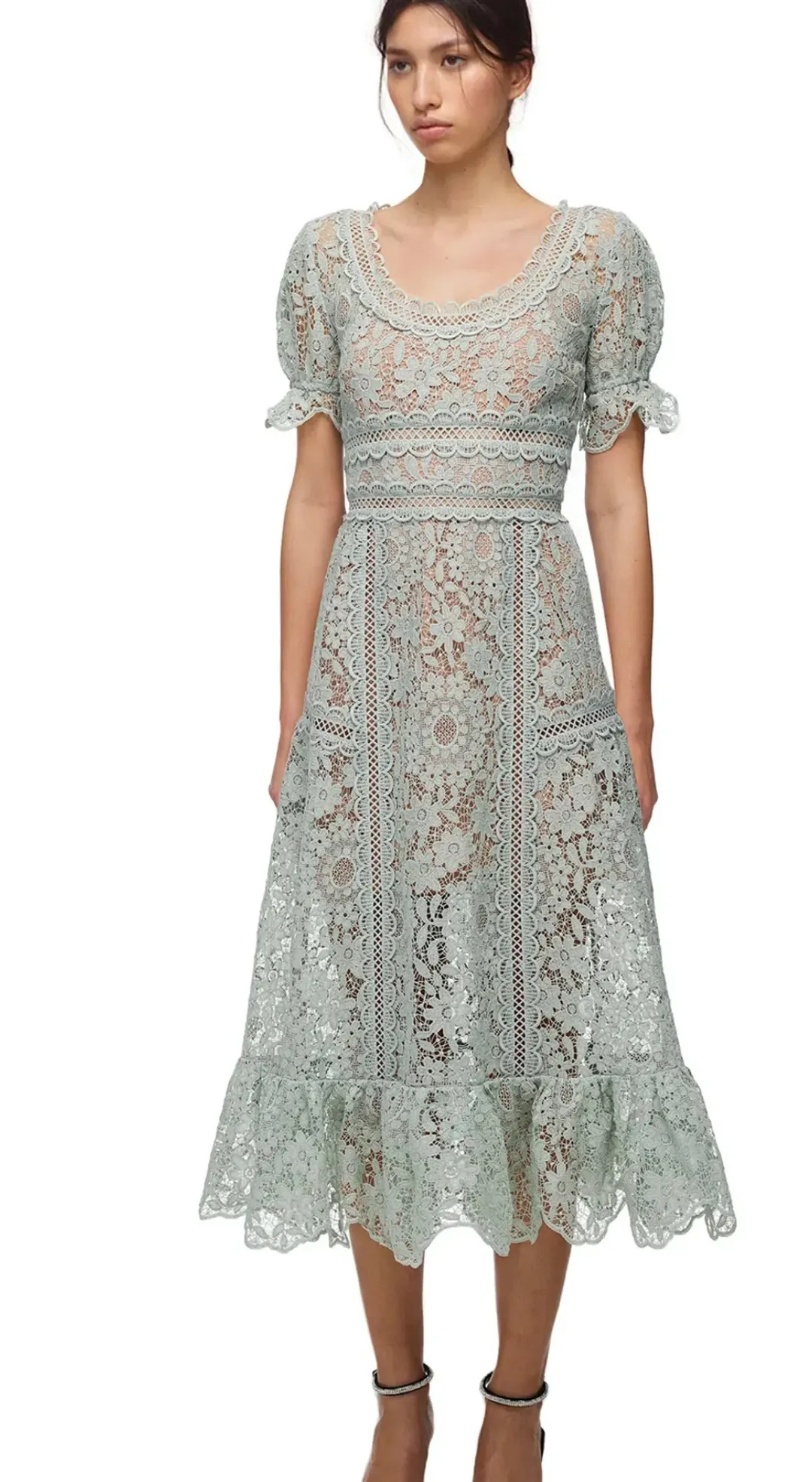 Self Portrait Guipure Lace Midi in Pistachio Size 14 for rent on The Volte - main image