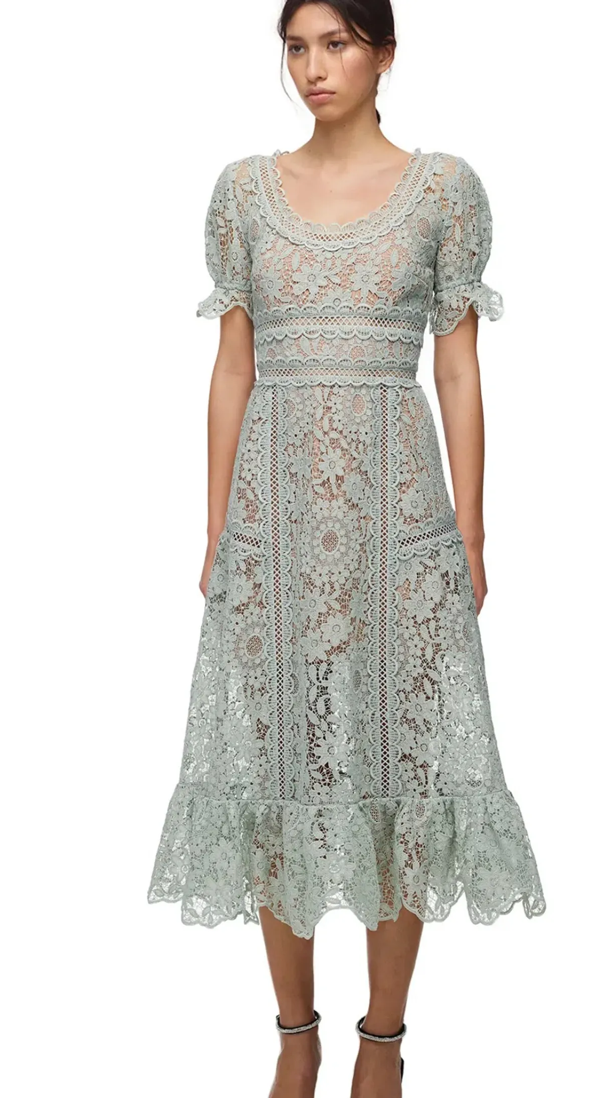 Self Portrait Guipure Lace Midi in Pistachio Size 14 for rent on The Volte - main image