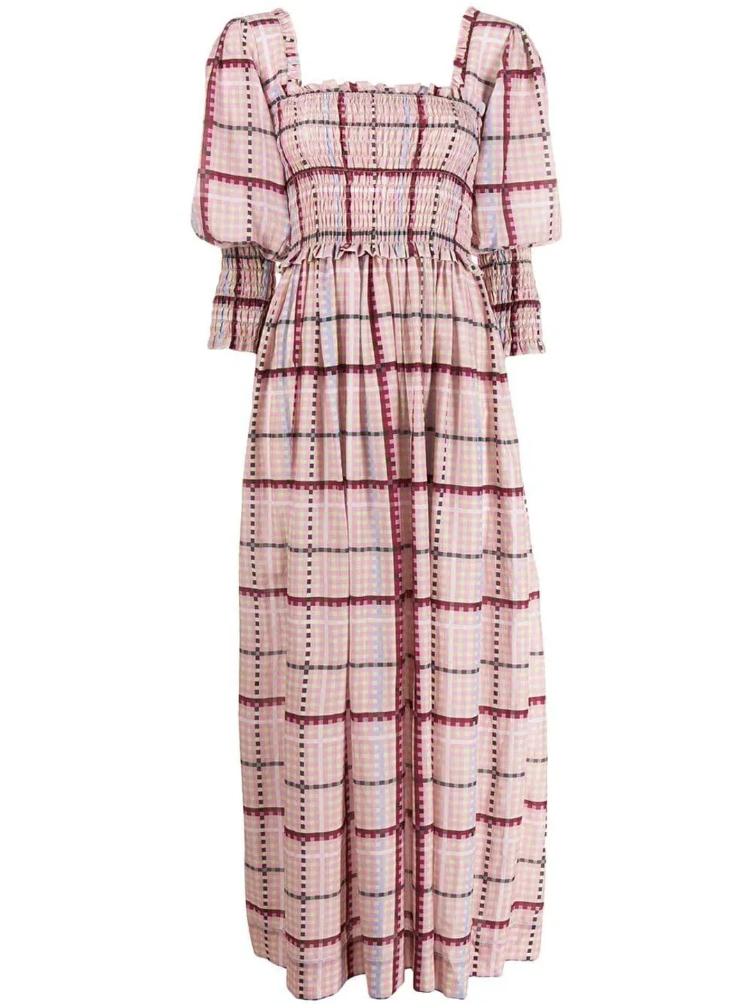 Ganni Ruched Seersucker Plaid Dress Pink Size 10 for rent on The Volte - main image