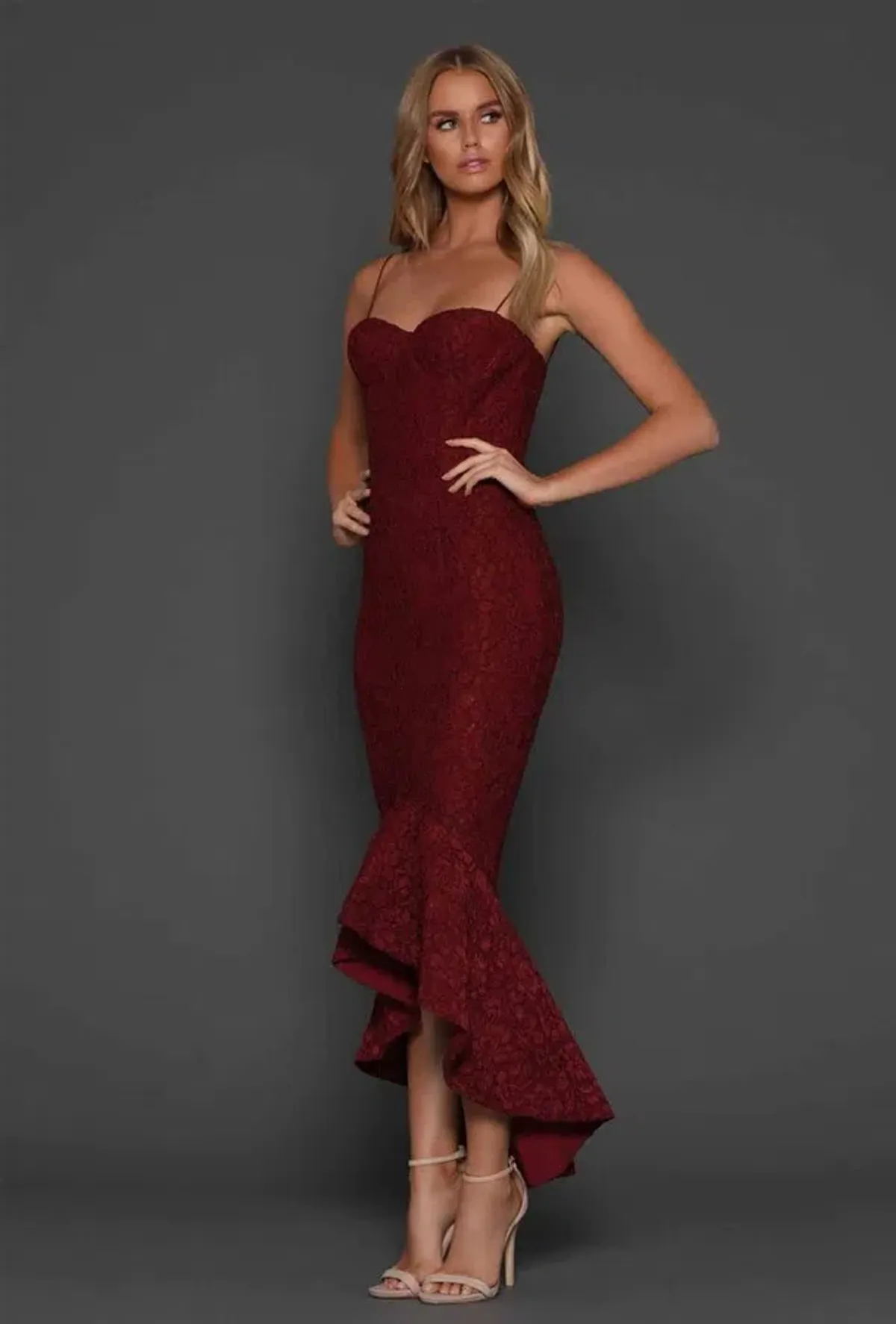 Elle Zeitoune Maxwell Fishtail Gown Wine Red Size 8 for rent on The Volte - main image