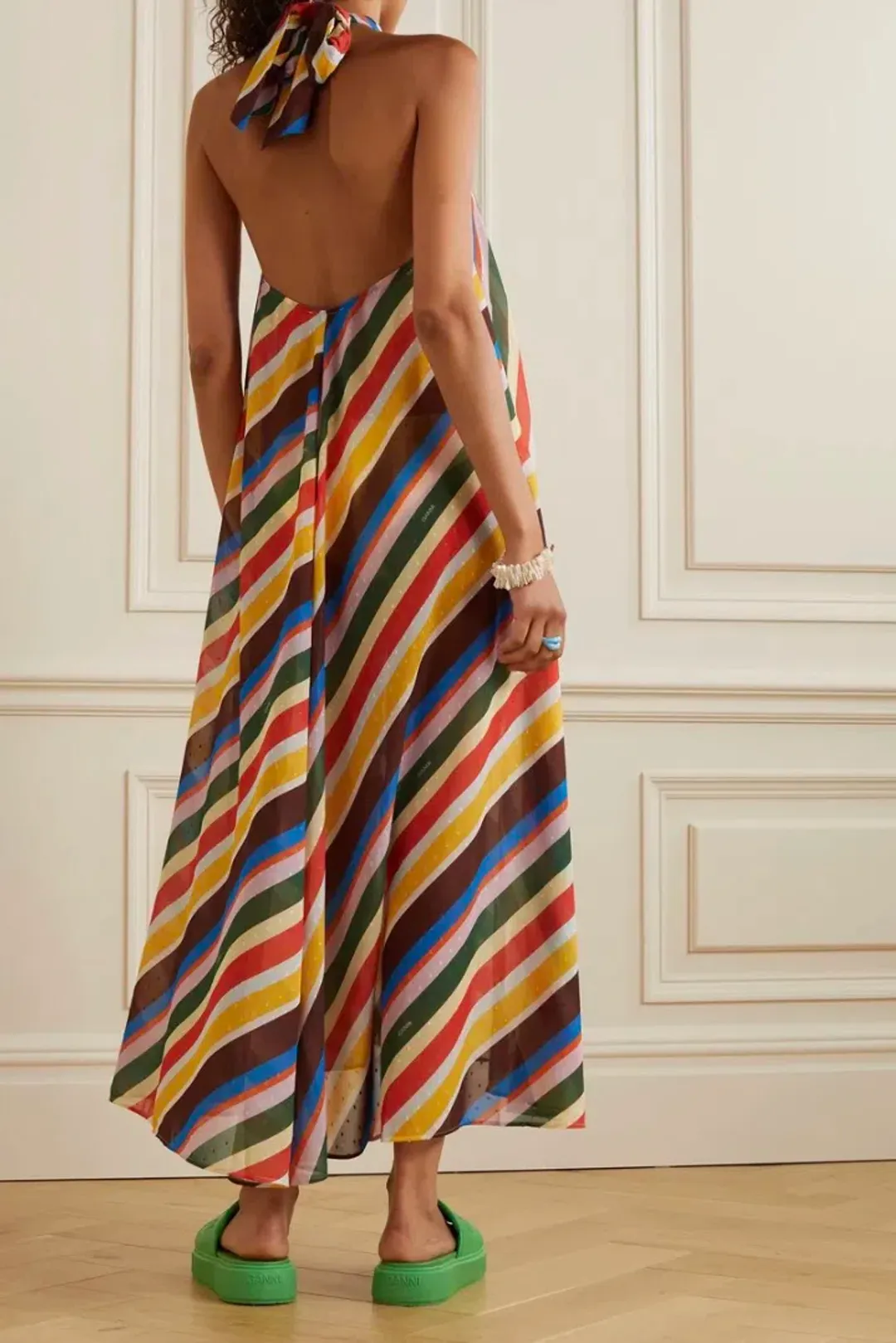 Ganni Striped Halter Neck Recycled Chiffon Midi Dress Multi Size AU 10  for rent on The Volte - main image