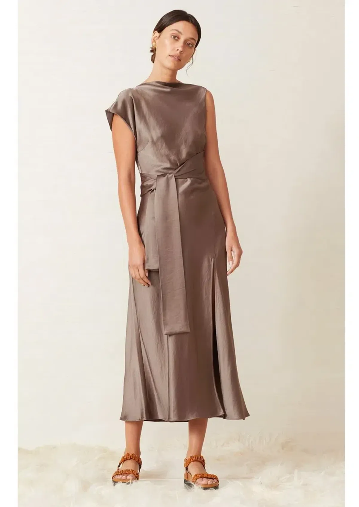 Bec & Bridge Piper Asymmetrical Midi Dress Brown Size 6 for rent on The Volte - main image