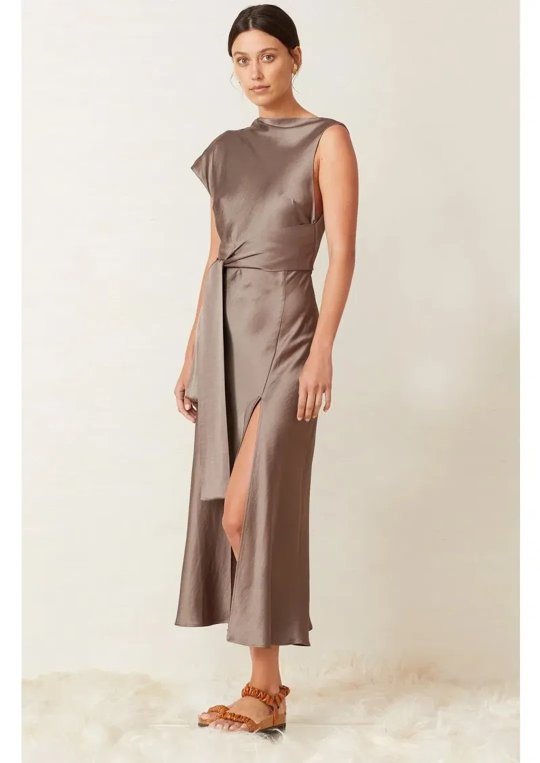 Bec & Bridge Piper Asymmetrical Midi Dress Brown Size 6 for rent on The Volte - main image