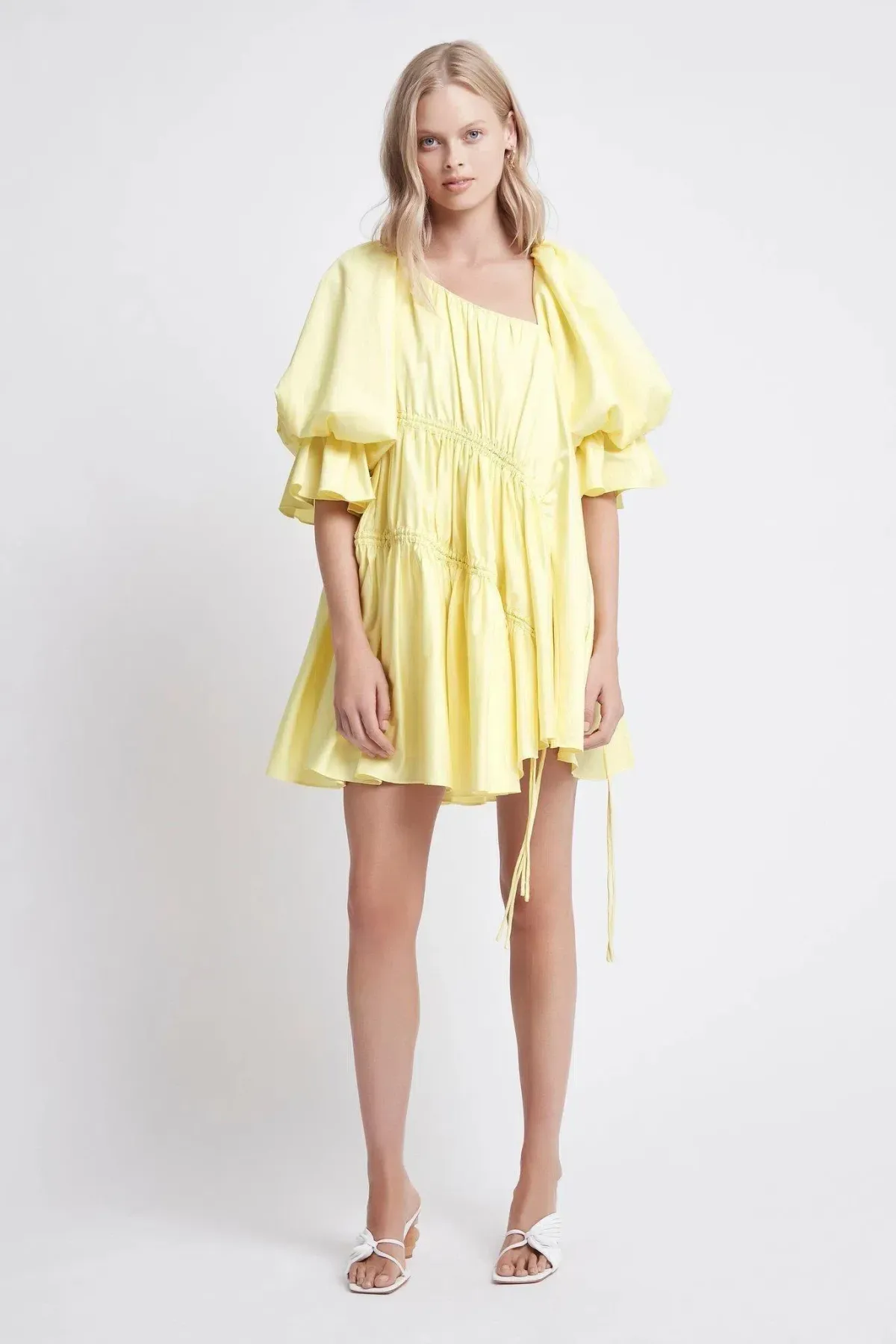 Aje Hushed Asymmetric Mini Dress Yellow Size 8 for rent on The Volte - main image