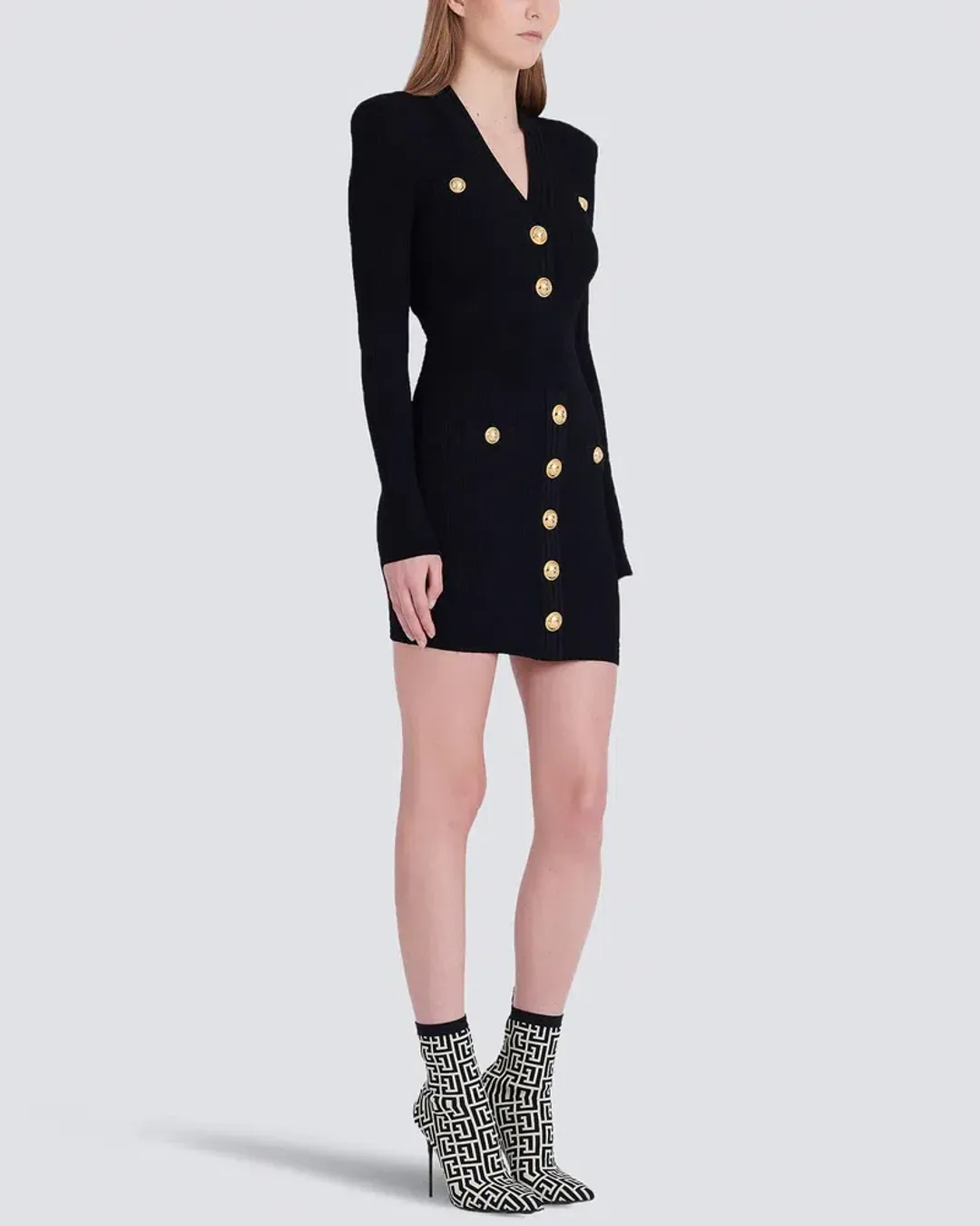 Balmain Long Sleeve V Neck Button Detail Knit Dress in Black Size 10 for rent on The Volte - main image