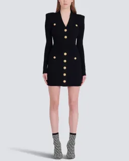 Balmain Long Sleeve V Neck Button Detail Knit Dress in Black Size 10 for rent on The Volte - image 1