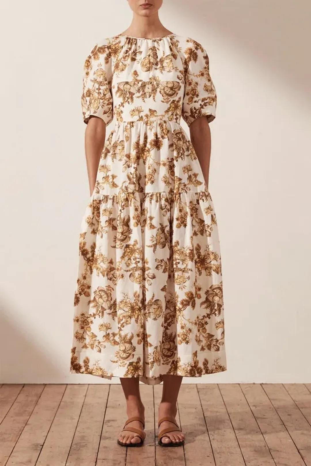 Shona Joy Bella Linen Short Sleeve Midi Dress Floral Size 8 / S for rent on The Volte - main image