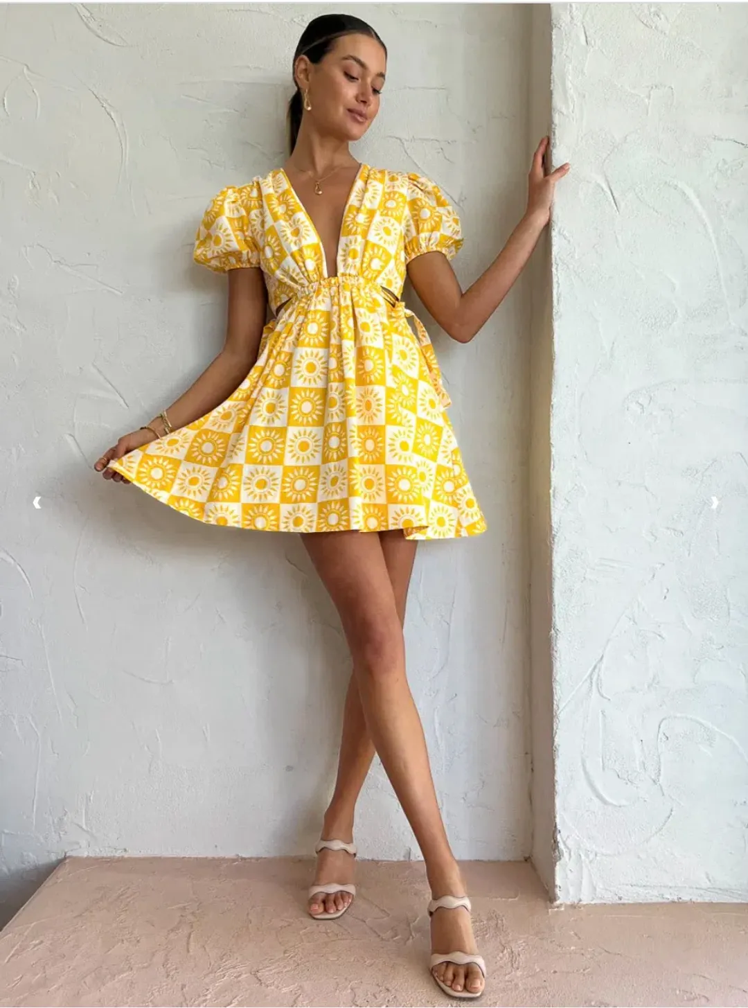 By Nicola Ahoy Plunge Neck Mini Dress Yellow Size AU 8 for rent on The Volte - main image