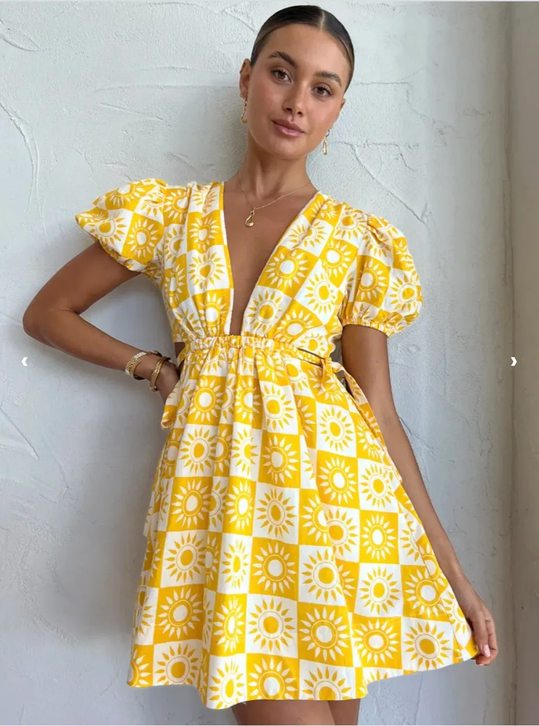 By Nicola Ahoy Plunge Neck Mini Dress Yellow Size AU 8 for rent on The Volte - main image