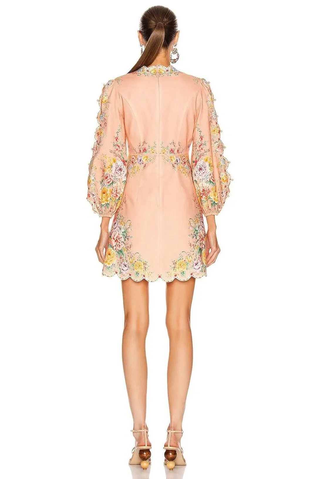 Zimmermann The Zinnia Scallop Mini Dress in Coral Floral Peach Size AU 8 for rent on The Volte - main image