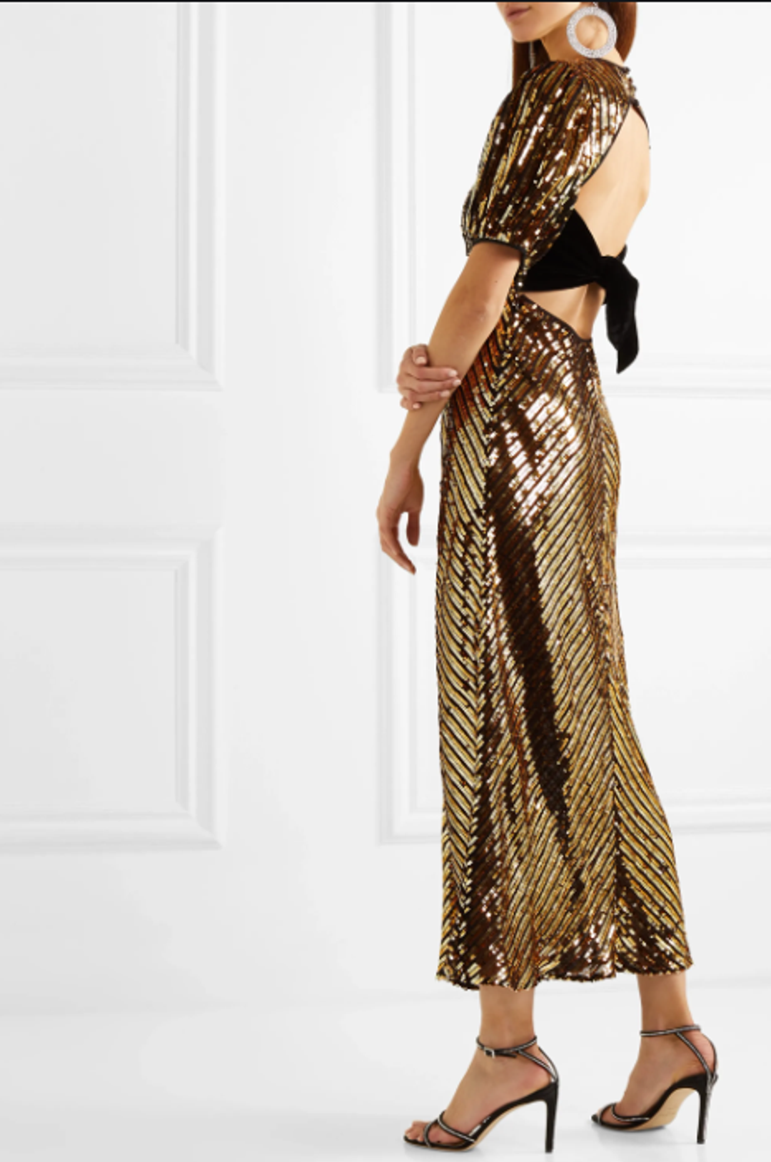 Rixo Daisy velvet trimmed cutout Georgette gold sequin midi dress size 8 for rent on The Volte - main image