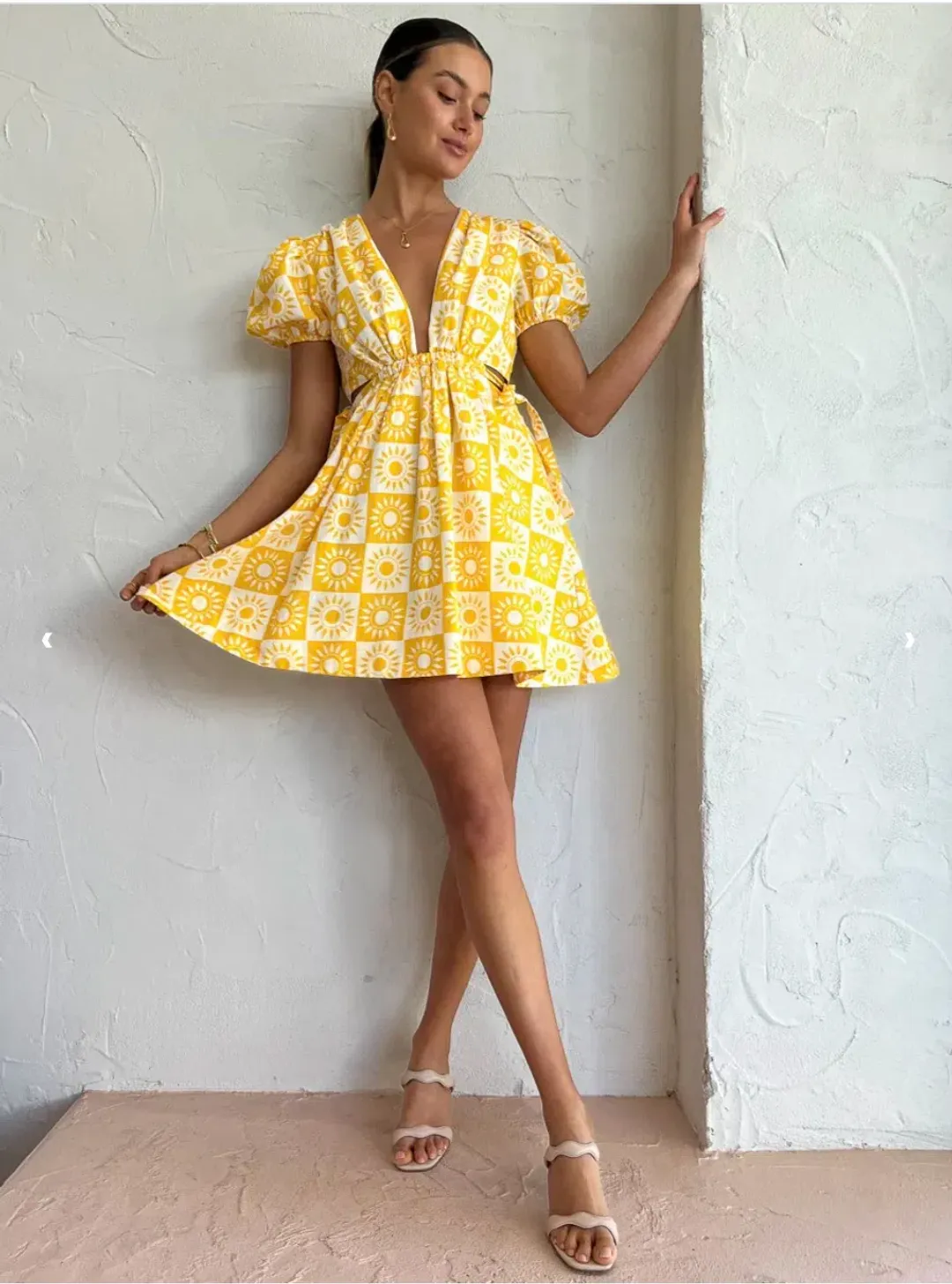By Nicola Ahoy Plunge Neck Mini Dress Yellow Size AU 8 for rent on The Volte - main image