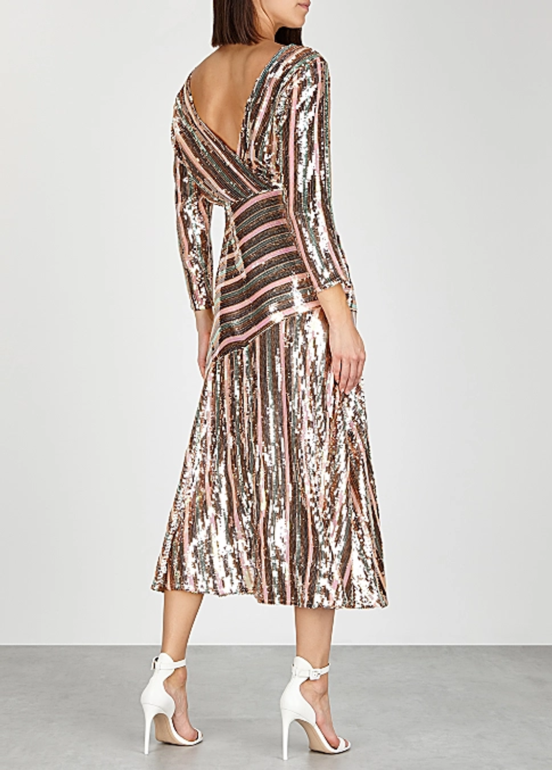 Rixo London Tyra Striped Sequined Crepe Midi Dress Size 8 for rent on The Volte - main image