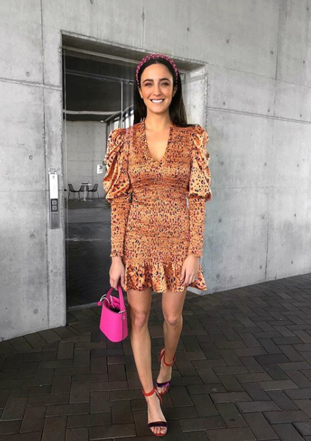 Scanlan Theodore Silk Leopard Shirred Mini Dress Orange Size 10 for rent on The Volte - main image